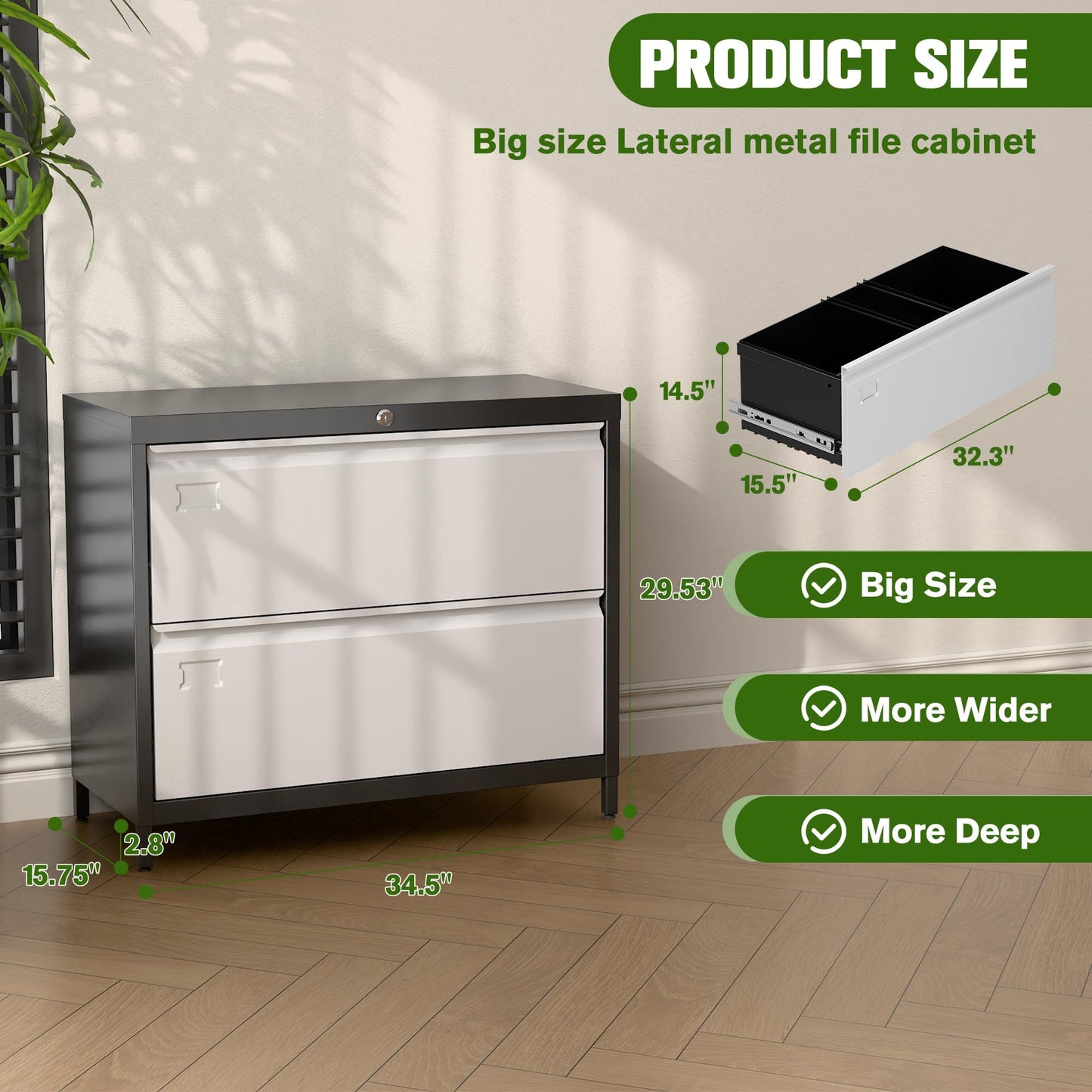 Lateral File Cabinet With 2 Drawer,Metal Wide Filing Cabinet With Lock And Business Card Slot For Home Office School Hanging Letter,Legal,F4,A4 Size Folders,Required Assembly,Black And Grey