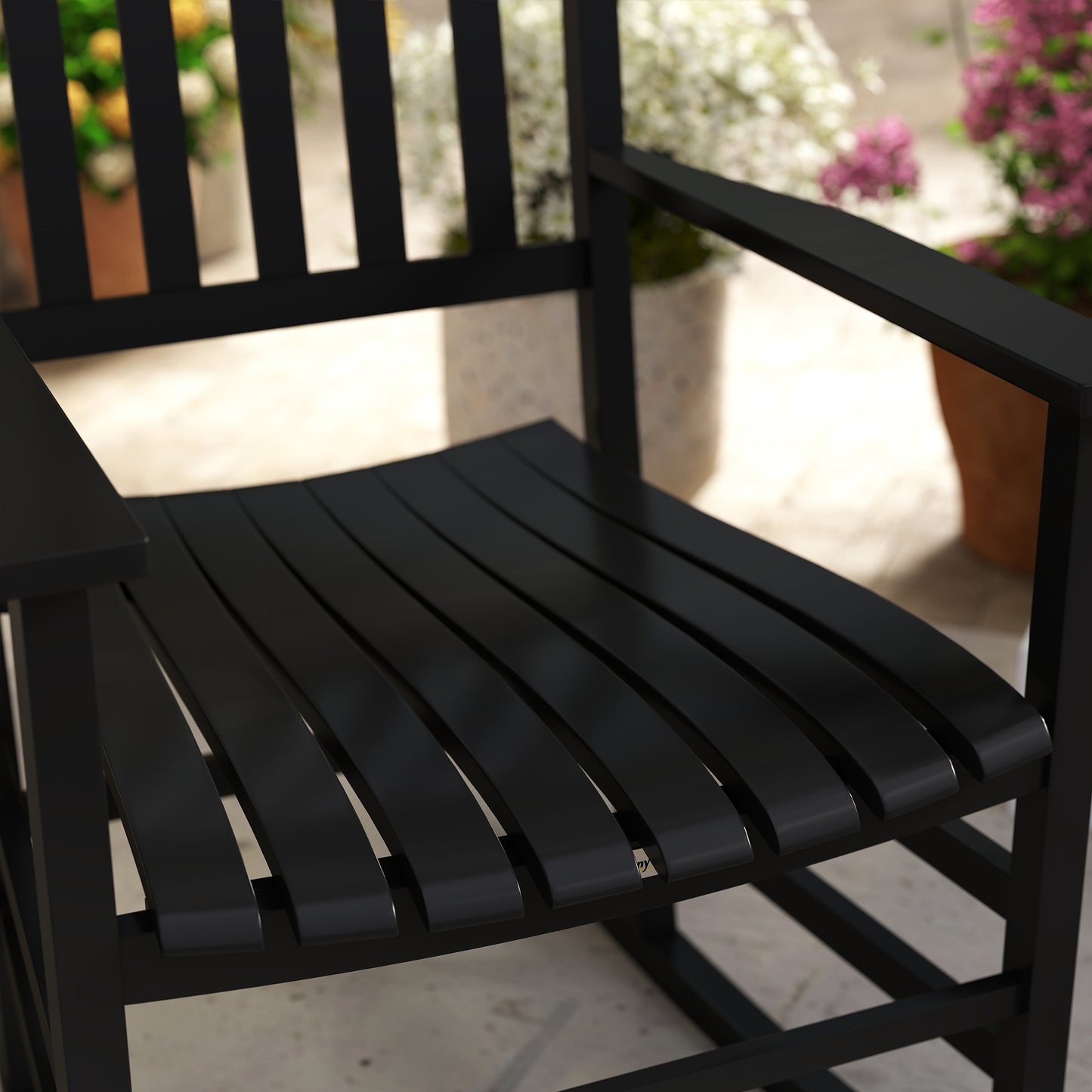 Porch Perfection Black Slatted Wooden Rocking Chairs With Armrests For Balcony