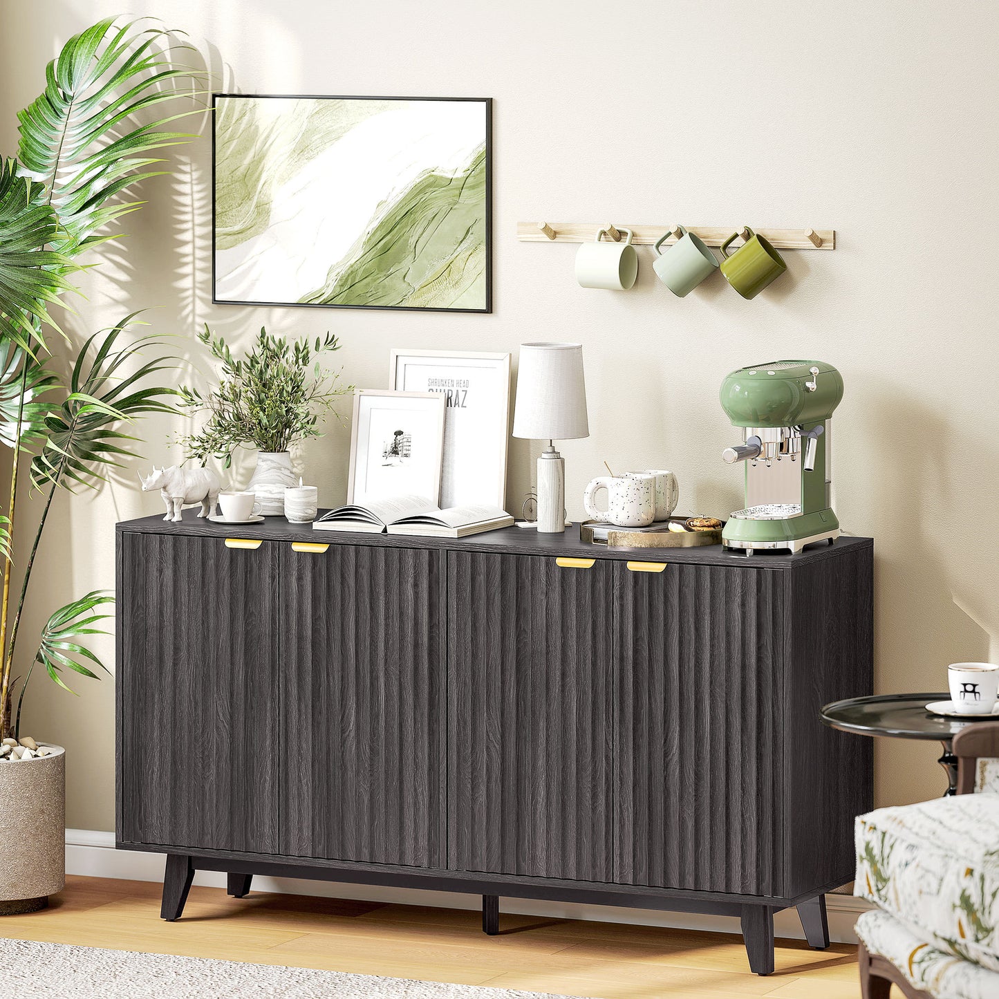 Fluted Sideboard Buffet Cabinet, 55 Coffee Bar Cabinet With 4 Doors, 2 Adjustable Shelves, 5 Wood Legs, Dark Gray