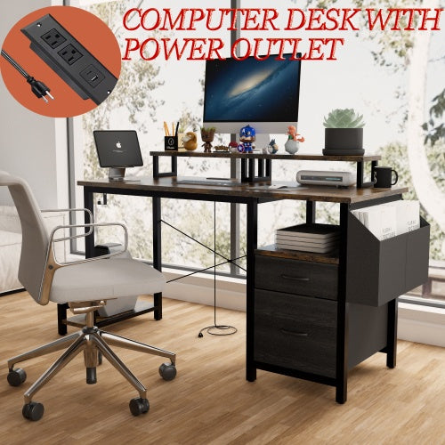 Computer Desk With Drawer And Power Outlets, 47 Office Desk With 2 Monitor Stands And Fabric File Cabinet, Writing Gaming Table With Shelves And Hooks For Home Office, Rustic Brown