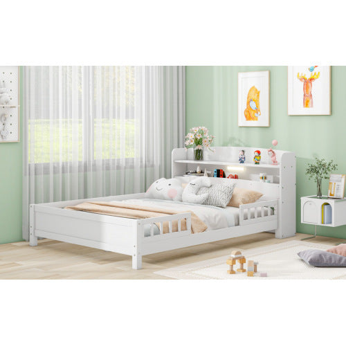 Wood Full Size Platform Bed With Built-in LED Light, Storage Headboard And Guardrail, White