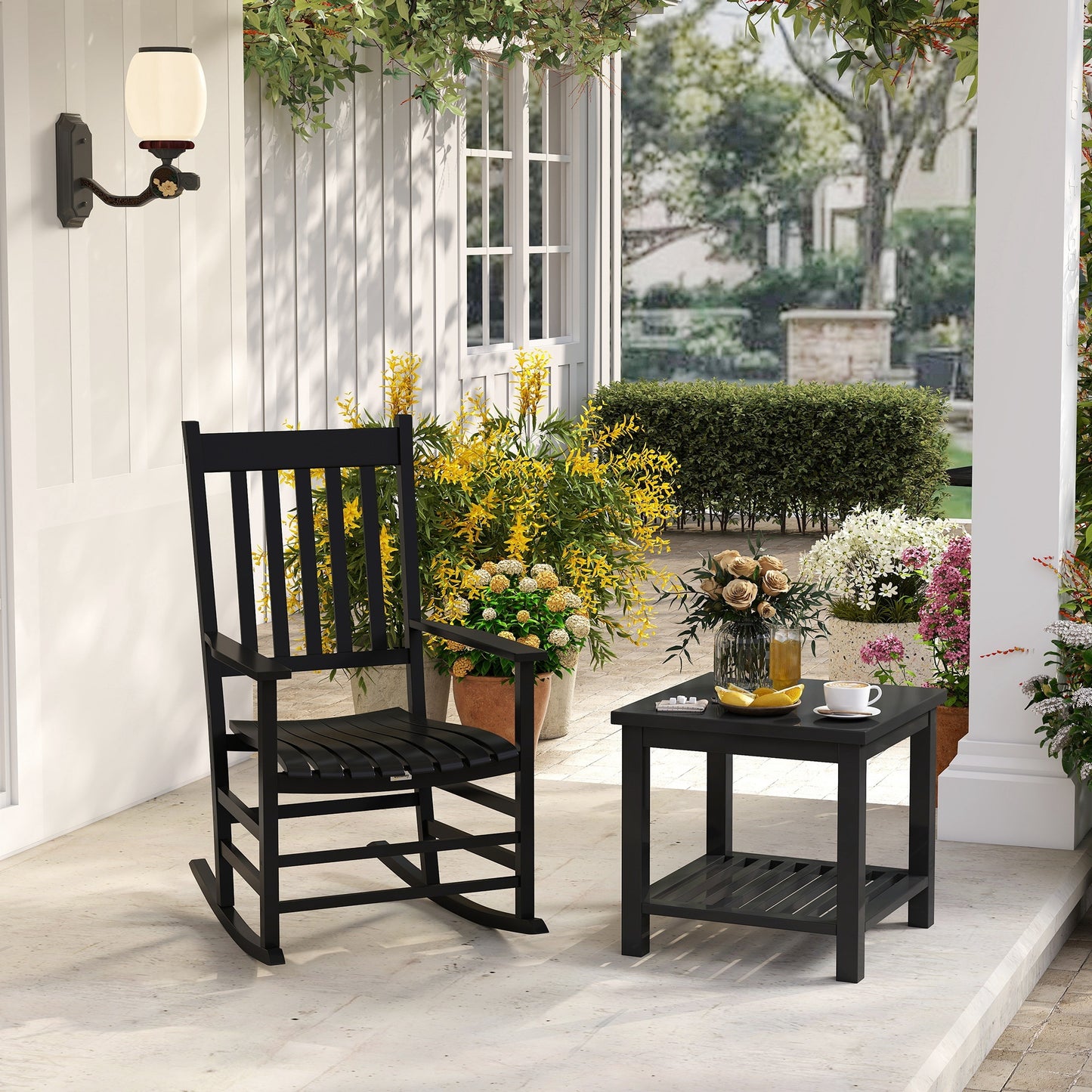 Porch Perfection Black Slatted Wooden Rocking Chairs With Armrests For Balcony