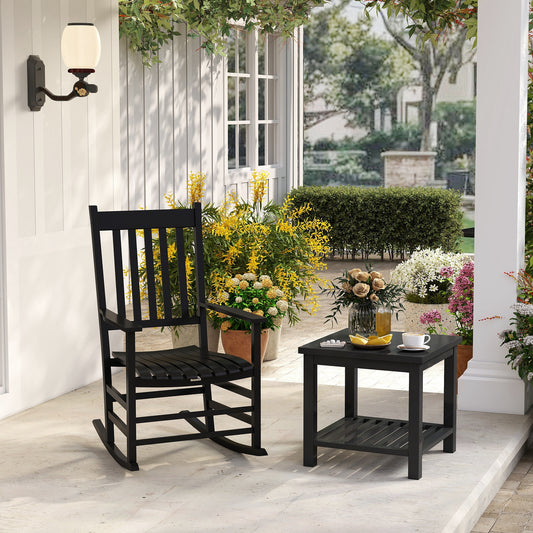 Porch Perfection Black Slatted Wooden Rocking Chairs With Armrests For Balcony