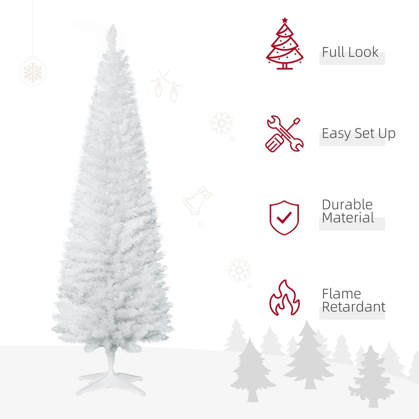 6ft White Christmas Tree, Slim Xmas Tree With Full Appearance, PVC 390 Branch Tips And Metal Stand, Artificial Christmas Tree, White