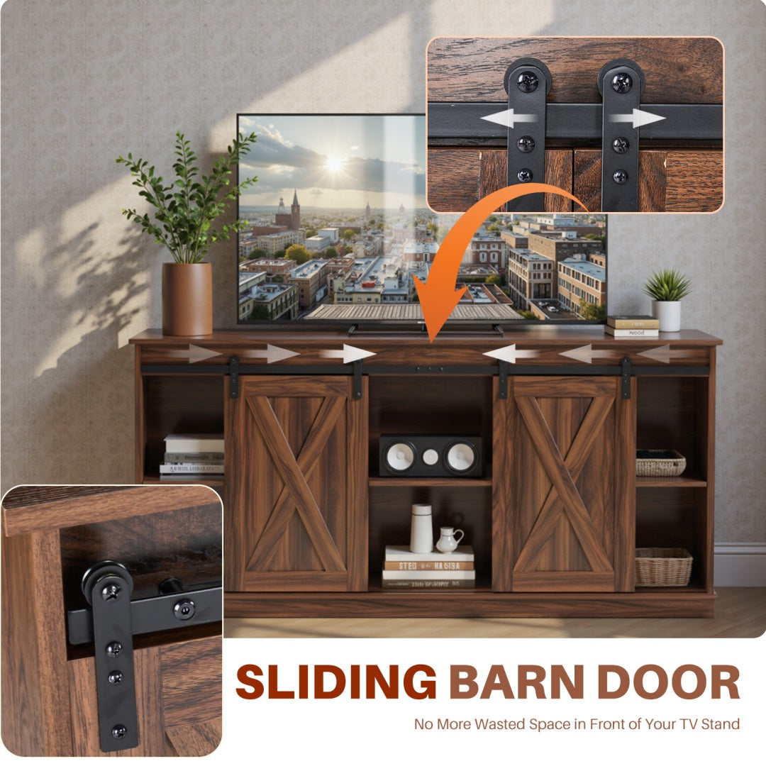 65-inch Solid Wood TV Cabinet With Double-layer Storage Space Sliding Door, Modern Living Room Furniture