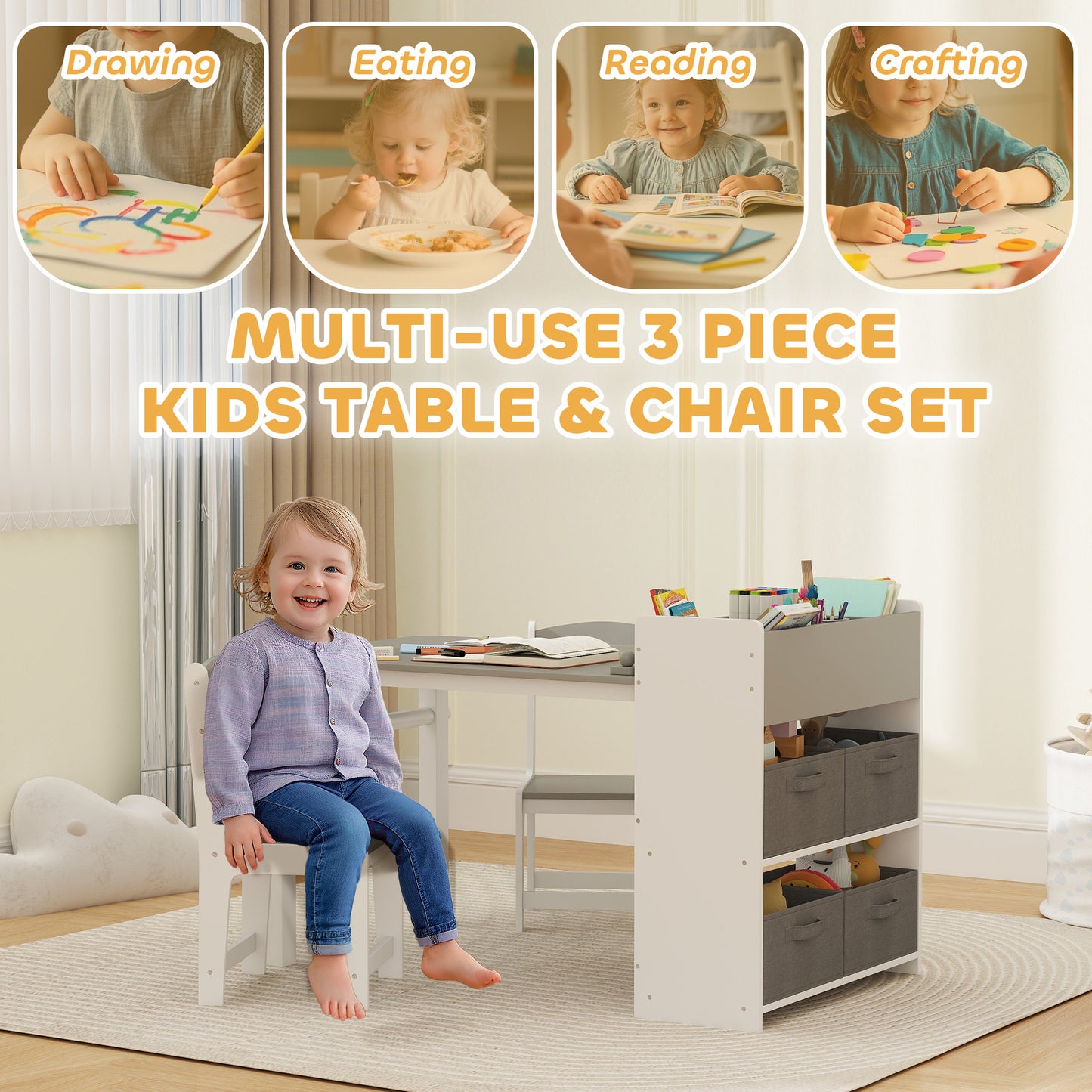 Desk And Chair Set With Paper Roll, Kids Activity Craft Table With Storage Shelves And Drawers, Gray