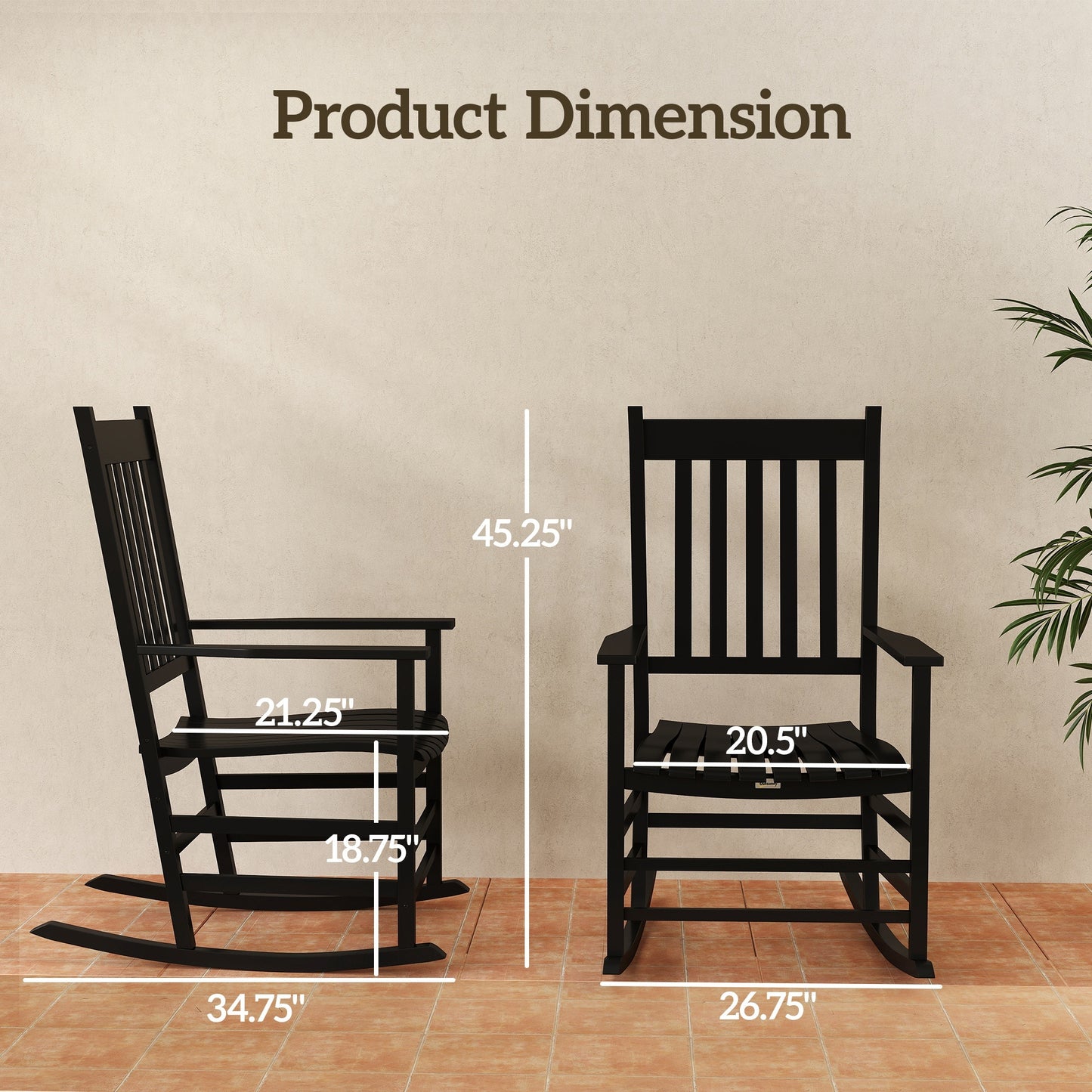 Porch Perfection Black Slatted Wooden Rocking Chairs With Armrests For Balcony