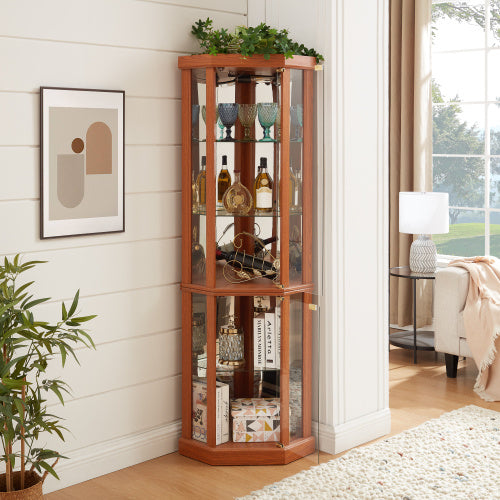 Corner Lighted Curio Cabinet Corner Glass Cabinet Lighted Curio Cabinet Corner Display Case For Living Room, Curio Cabinet, Antique Collection, Wine,Bar Glass Storage Light Included,Dark Cherry