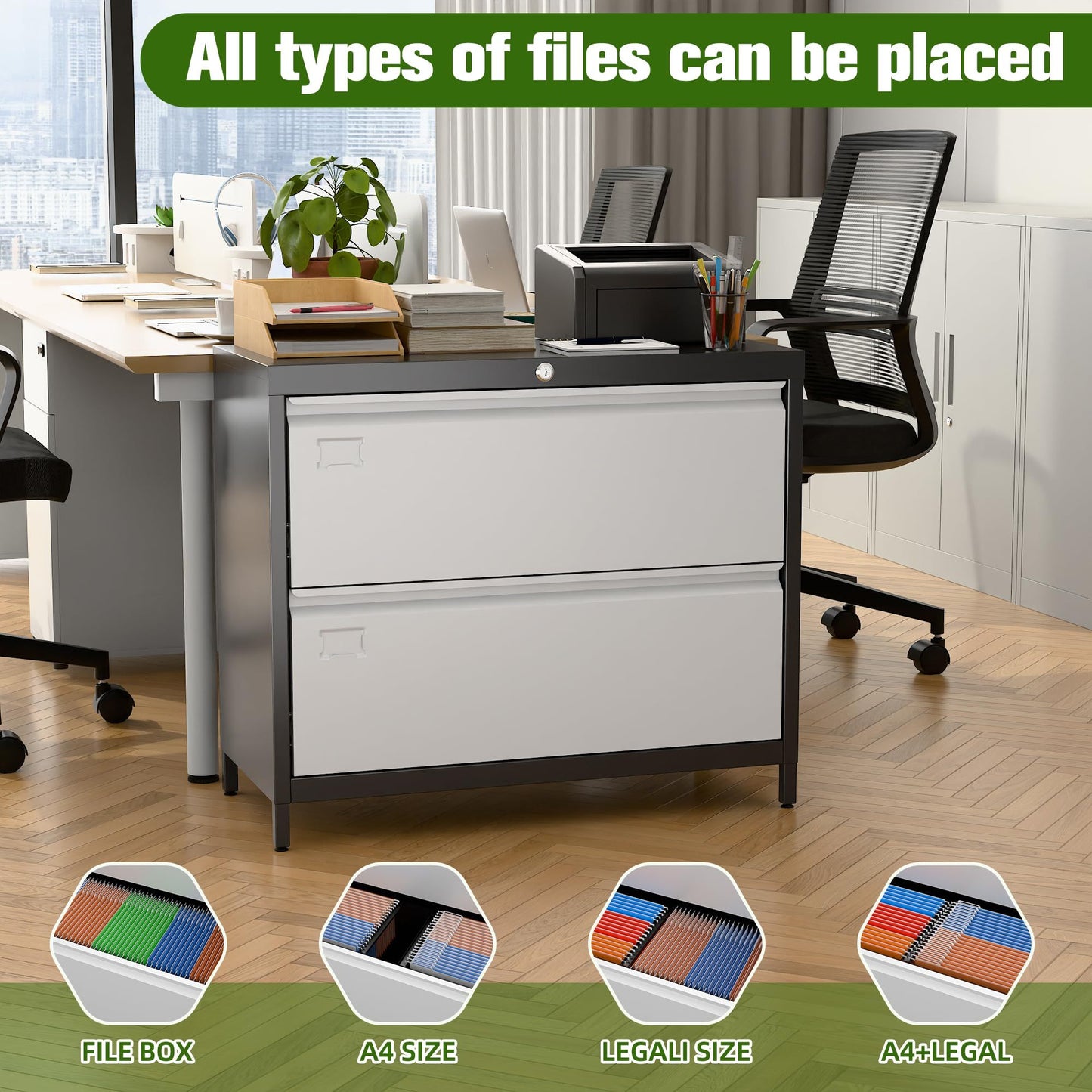 Lateral File Cabinet With 2 Drawer,Metal Wide Filing Cabinet With Lock And Business Card Slot For Home Office School Hanging Letter,Legal,F4,A4 Size Folders,Required Assembly,Black And Grey