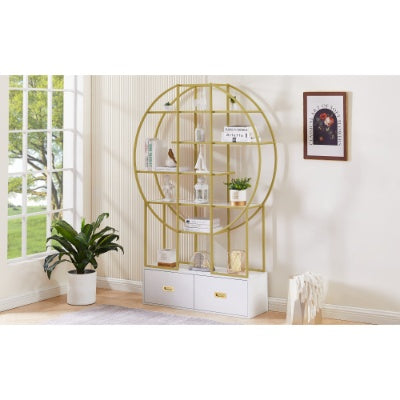 70.8 Inch Round Office Bookcase Bookshelf, Display Shelf, Two Drawers, Gold Frame
