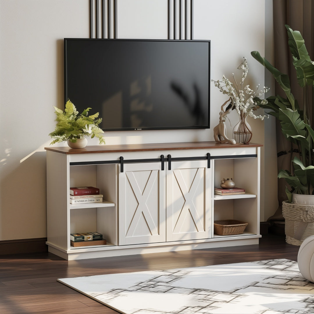 65-inch Solid Wood TV Cabinet With Double-layer Storage Space Sliding Door, Modern Living Room Furniture