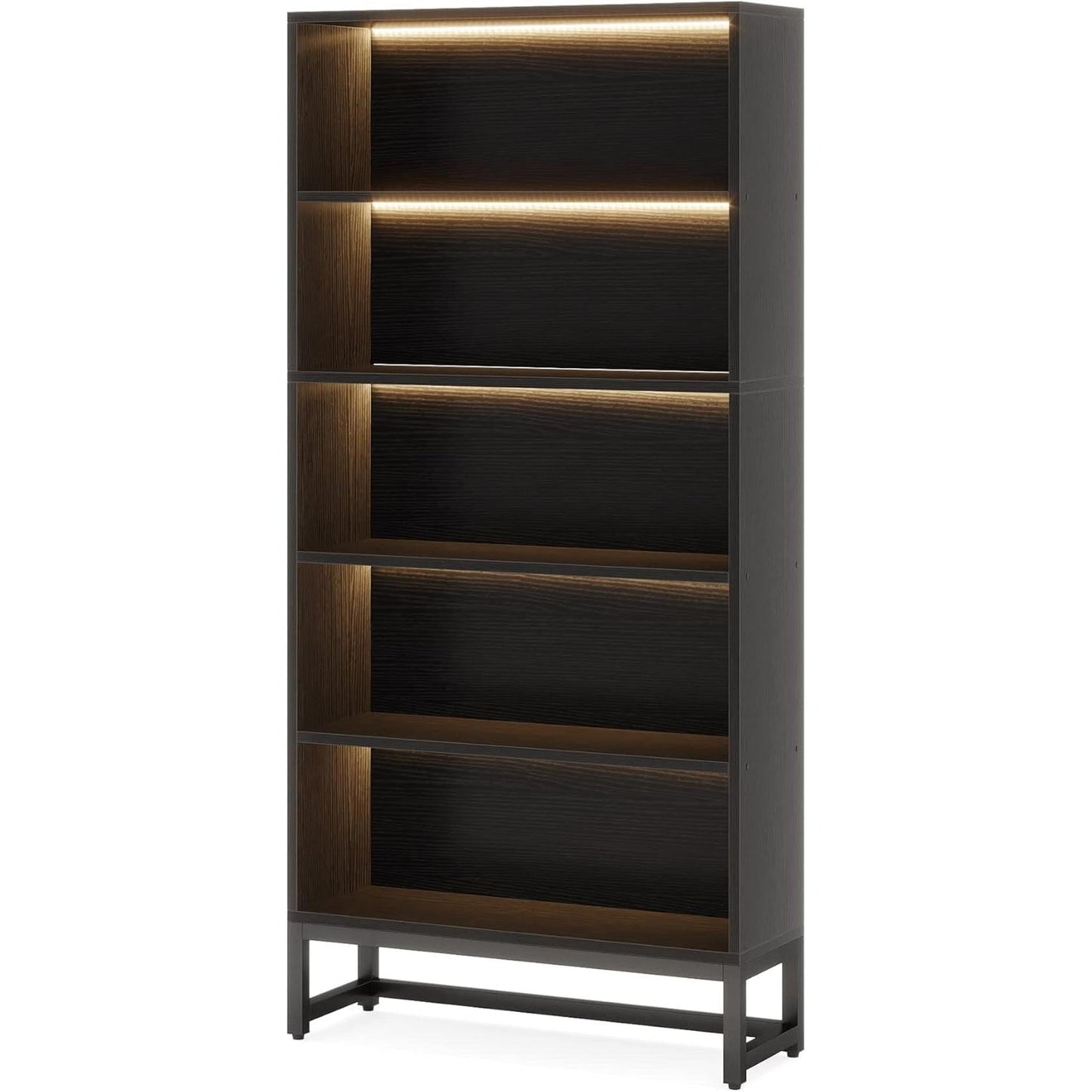 Tall Bookcase Black Bookshelf, 70.8” Large Bookcases Organizer with LED Lights, Heavy Duty Free-Standing Library Bookshelf with 5-Tier Storage Shelves for Living Room, Bedroom (Black)