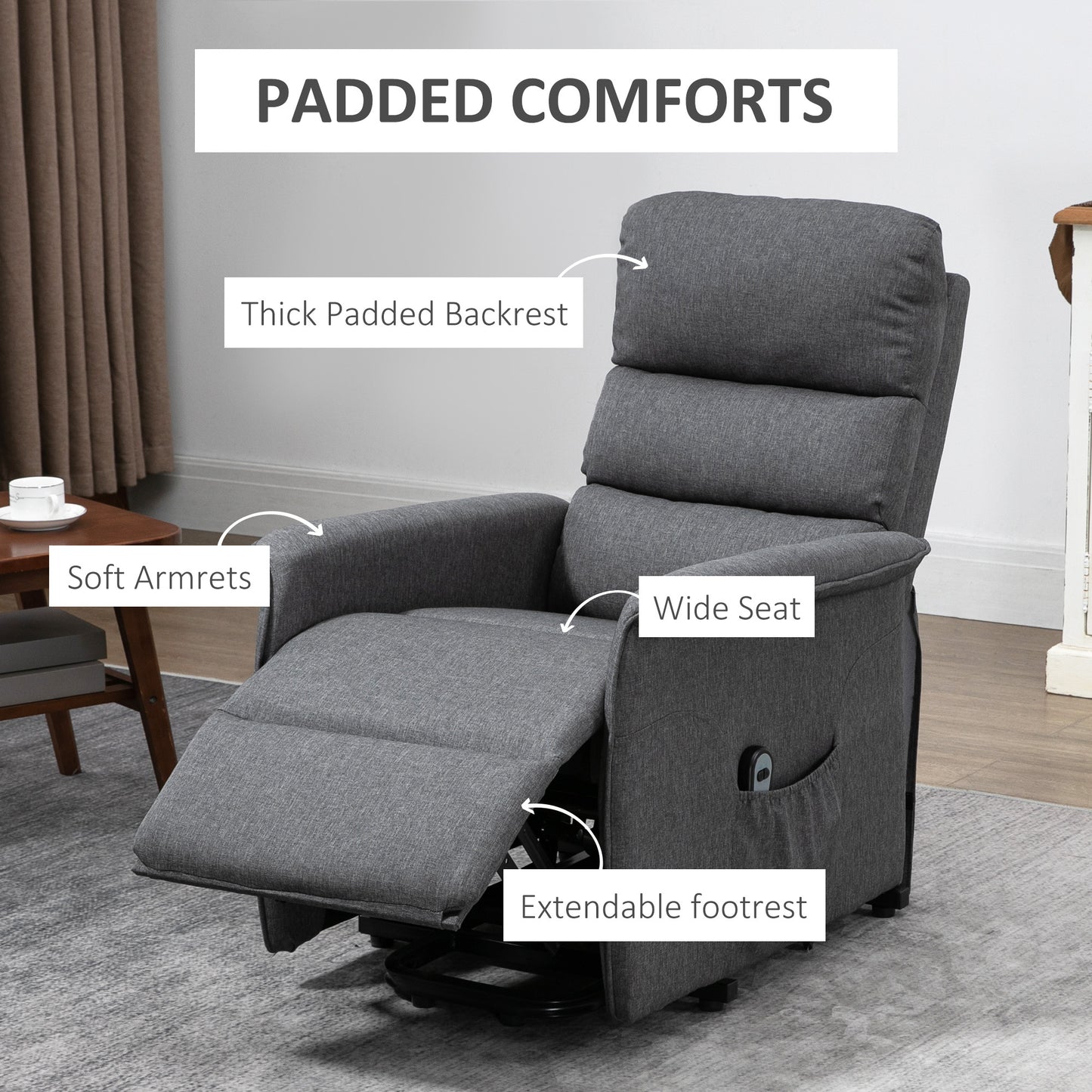 Power Lift Assist Recliner Chair For Elderly, Linen Fabric, Remote Control, Electric Sofa, Gray