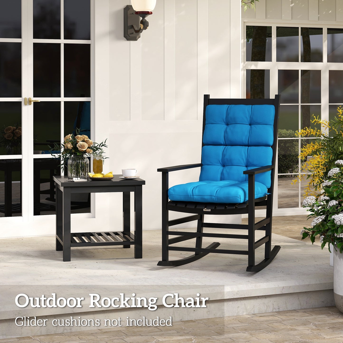Porch Perfection Black Slatted Wooden Rocking Chairs With Armrests For Balcony
