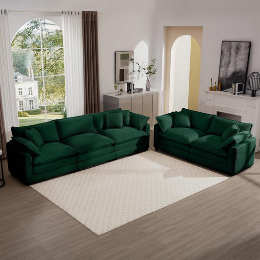 Oversized 2 Piece Sofa Set for Living Room, 3-Seater & Loveseat Couch, Modular Sectional Deep Seat Corduroy Comfy Cloud Couches with 4 Armrest Pillows and 5 Toss Pillows, Green