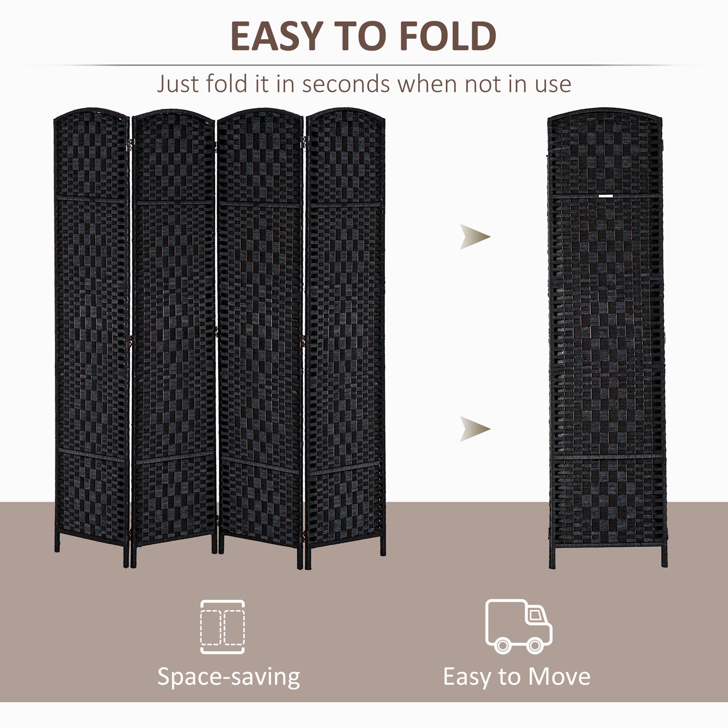 4 Panel Wicker Room Divider Folding Privacy Screen 6' Tall Black