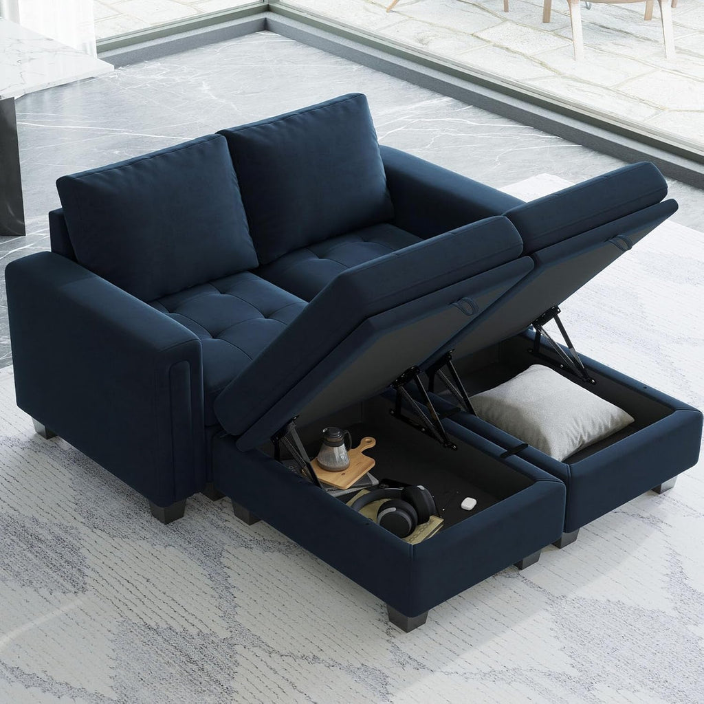 Blue Velvet Sleeper Sectional with Storage