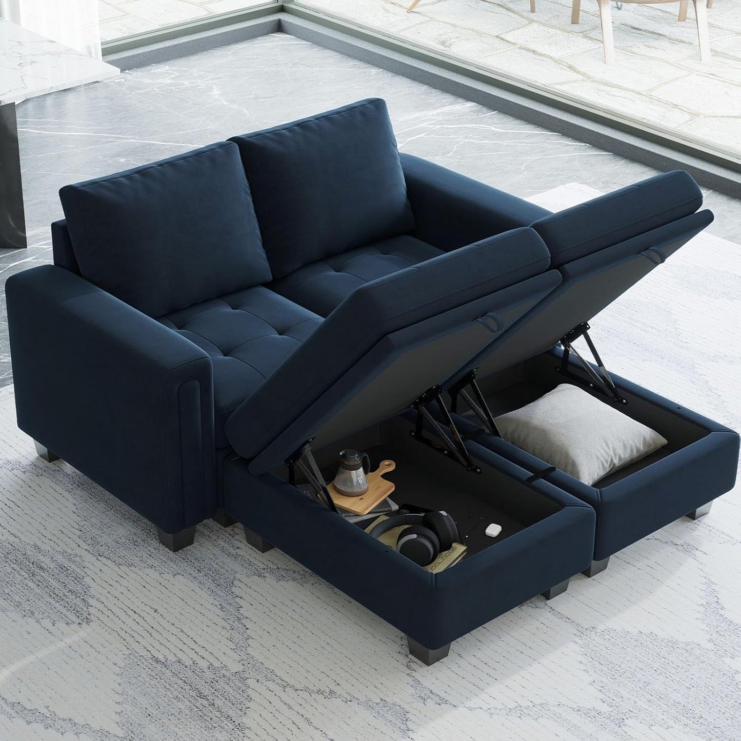 Velvet Modular Sectional Sofa Couch with Storage Convertible Sectional Sleeper Sofa Couch Bed Set with Reversible Chaise Blue