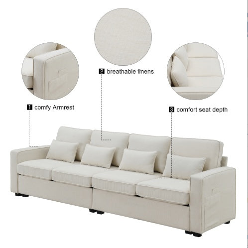 Modern Linen Sofa with 4 Pillows