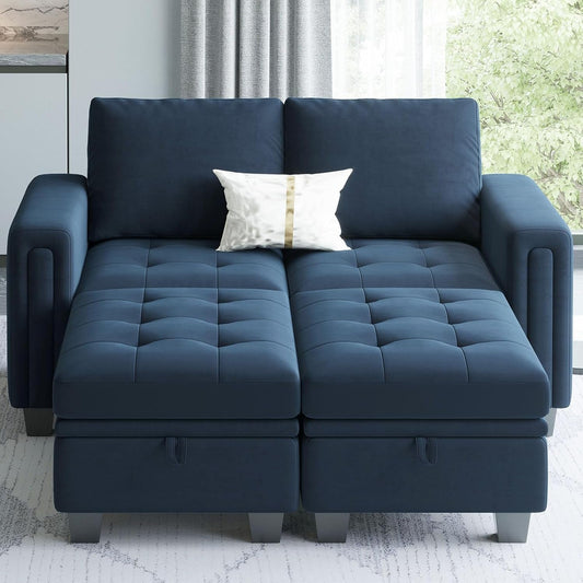 Velvet Modular Sectional Sofa Couch with Storage Convertible Sectional Sleeper Sofa Couch Bed Set with Reversible Chaise Blue