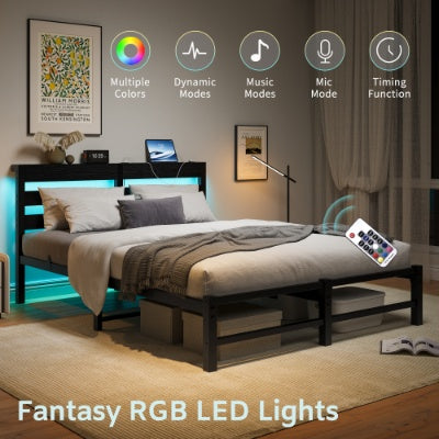 Queen Metal Platform Bed Frame with Wooden Headboard, RGB LED Lights & Charging Station