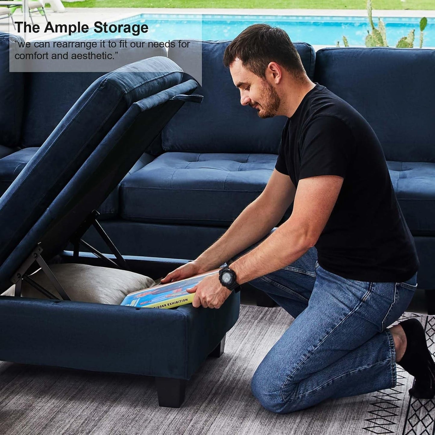 Velvet Modular Sectional Sofa Couch with Storage Convertible Sectional Sleeper Sofa Couch Bed Set with Reversible Chaise Blue