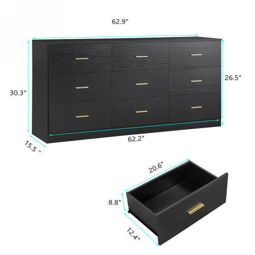 Black 9-Drawer Bedroom Vanity with Spacious Storage