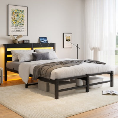 Queen Metal Platform Bed Frame with Wooden Headboard, RGB LED Lights & Charging Station