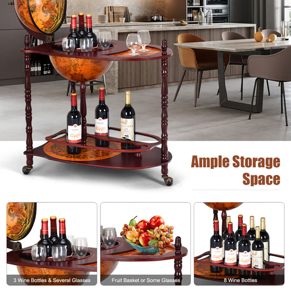 Vintage Globe Rolling Wine Bar Cart with Storage Shelf & Wine Bottle Holder