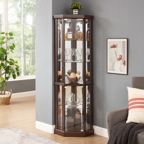 Corner Lighted Curio Cabinet Corner Glass Cabinet Lighted Curio Cabinet Corner Display Case For Living Room, Curio Cabinet, Antique Collection, Wine,Bar Glass Storage Light Included,Dark Cherry