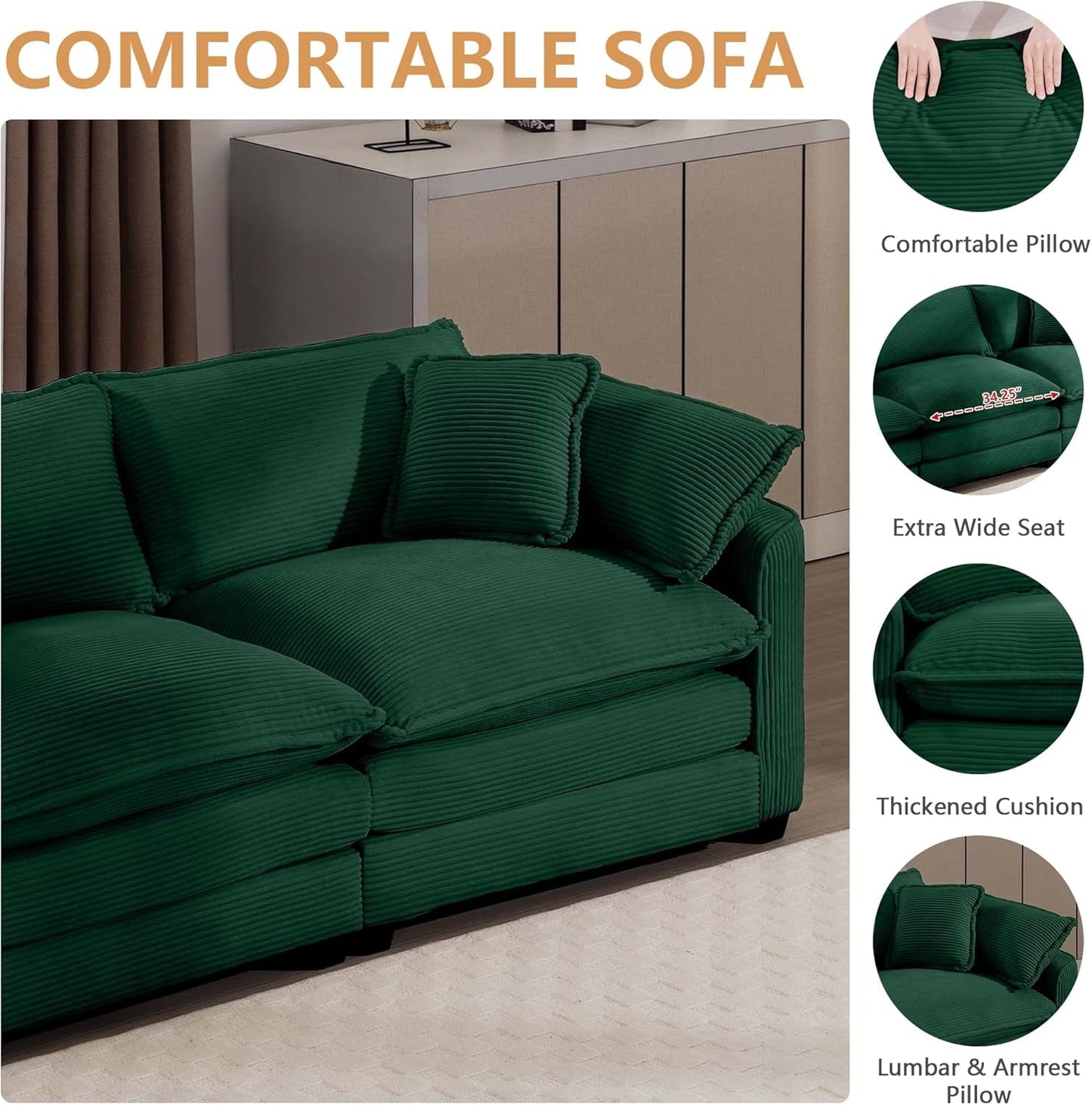 Oversized 2 Piece Sofa Set for Living Room, 3-Seater & Loveseat Couch, Modular Sectional Deep Seat Corduroy Comfy Cloud Couches with 4 Armrest Pillows and 5 Toss Pillows, Green