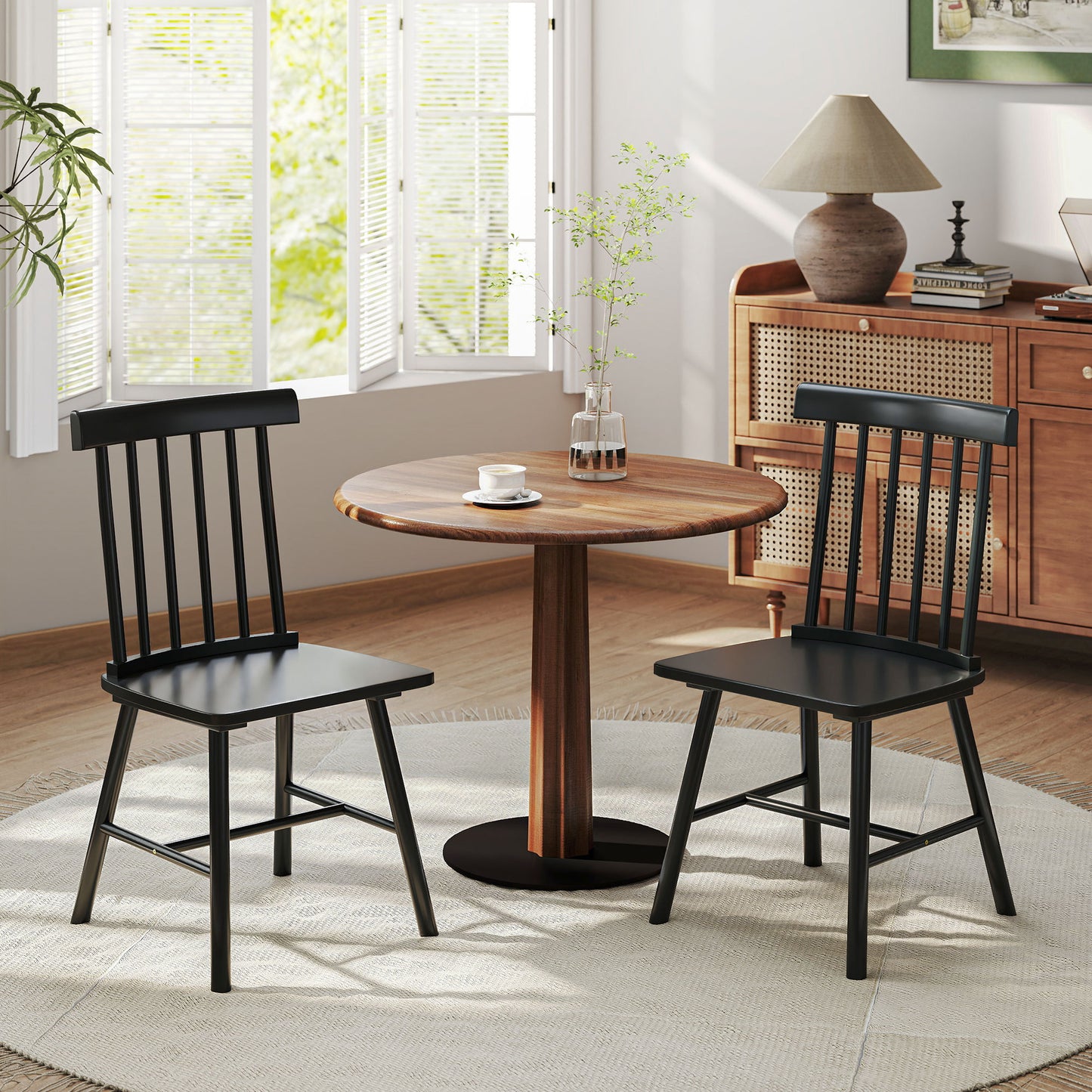 Dining Chairs Set Of 2, Farmhouse Wood Kitchen Chairs With Rubber Wood Frame, Spindle Back For Dining Room, Black
