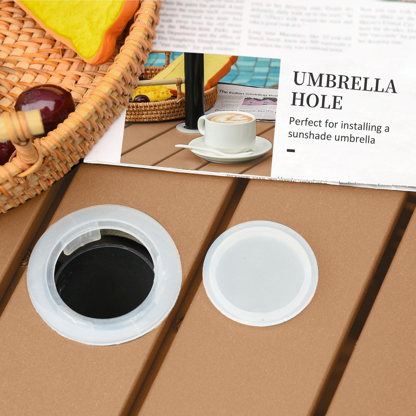 Rattan Wicker Outdoor Accent Table With Patio Umbrella Hole, Convenient For Garden