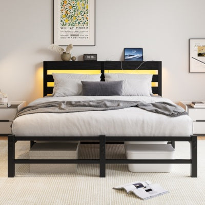 Queen Metal Platform Bed Frame with Wooden Headboard, RGB LED Lights & Charging Station