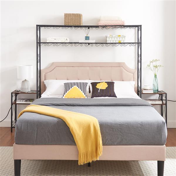Queen Bed Frame with 2 Nightstands & Storage Headboard