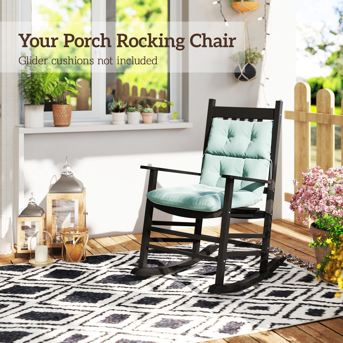 Porch Perfection Black Slatted Wooden Rocking Chairs With Armrests For Balcony
