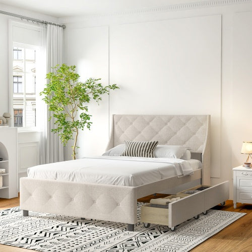 Queen Size Bed Frame With Storage Headboard, Metal Platform Bed No Noise, Mattress Foundation Strong Metal Slats Support No Box Spring Needed