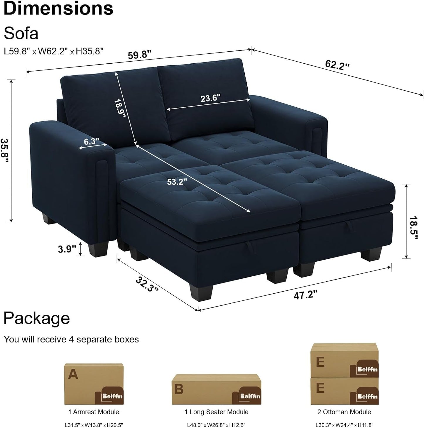 Velvet Modular Sectional Sofa Couch with Storage Convertible Sectional Sleeper Sofa Couch Bed Set with Reversible Chaise Blue