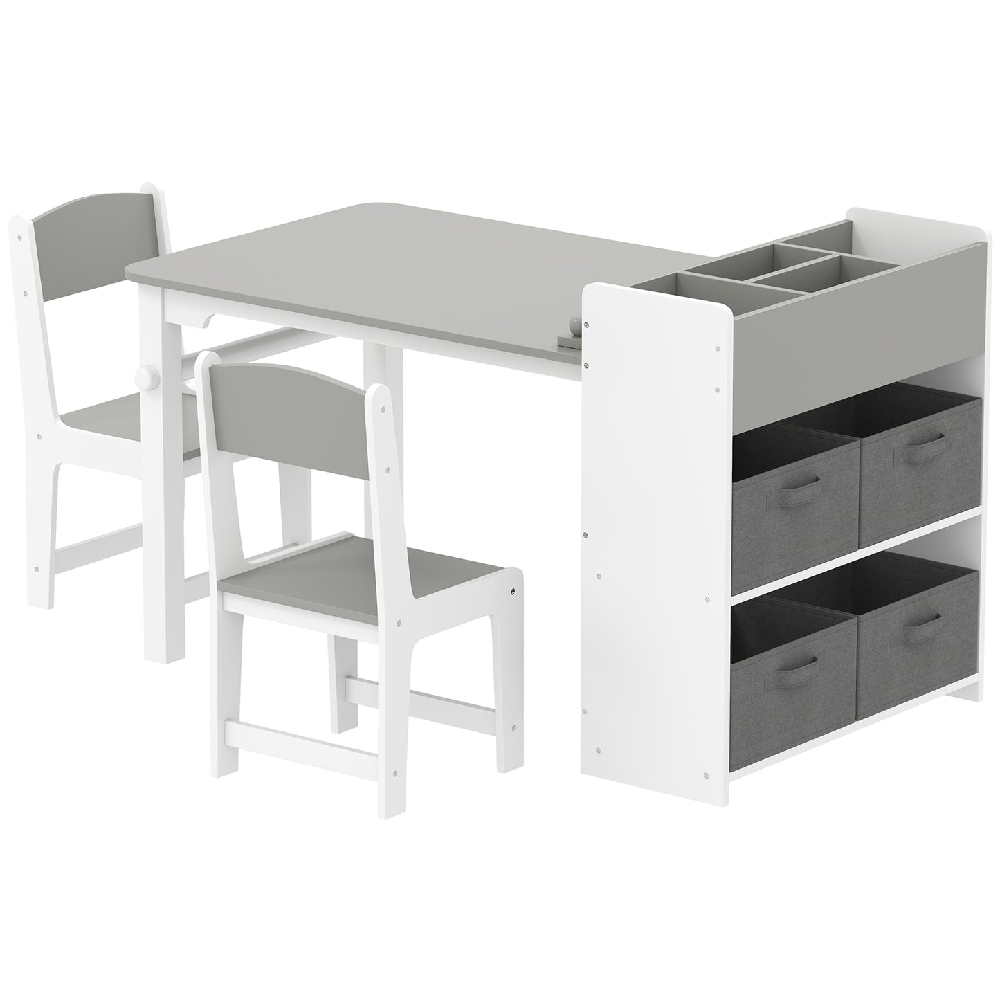 Desk And Chair Set With Paper Roll, Kids Activity Craft Table With Storage Shelves And Drawers, Gray