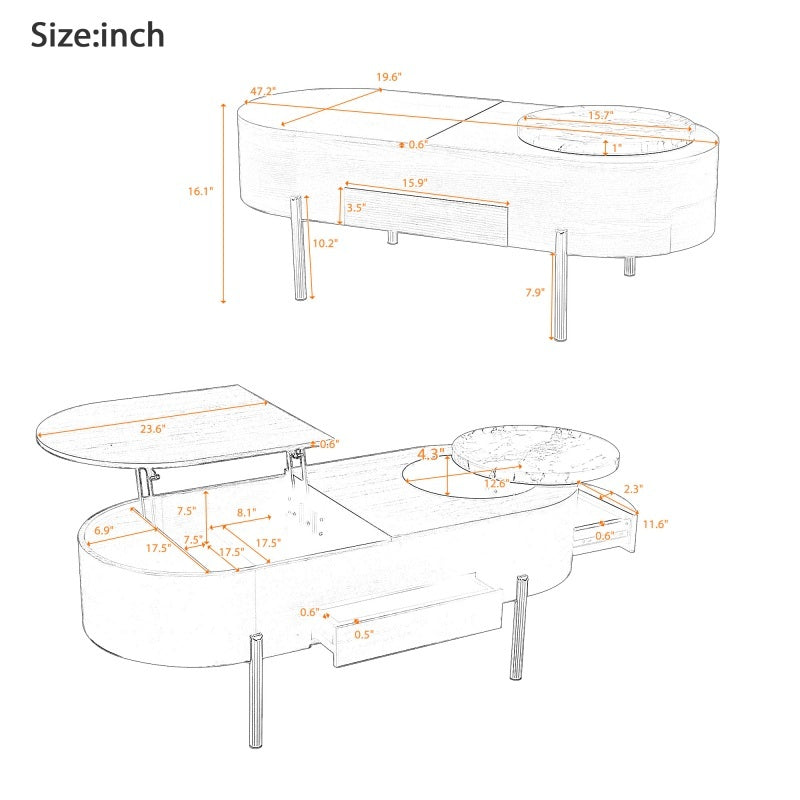 47.2-inch Lift Coffee Table With 360 Degree Marble Patterned Rotating Tray, Modern Oval Lift Tabletop, Prohibited Platform Temu