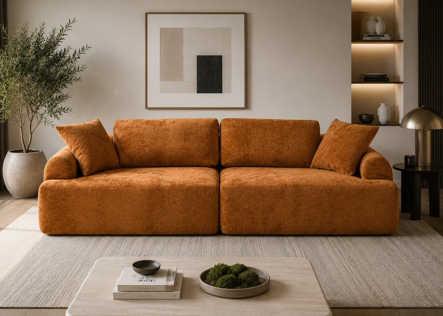 Modern 4-Seater Compression Sofa with 4 Pillows – Orange