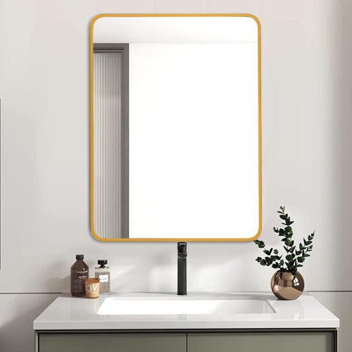 24x32 Inch Gold Metal Framed Rectangular Bathrrom Mirror For Wall.