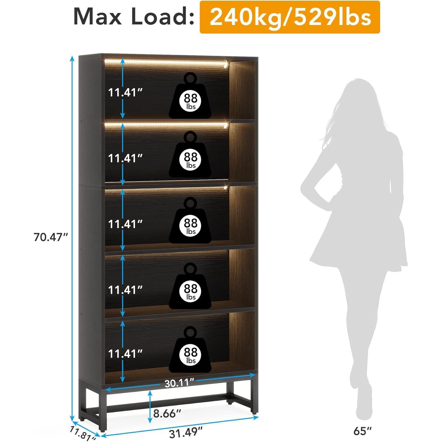 70.8” Black Led Bookcase