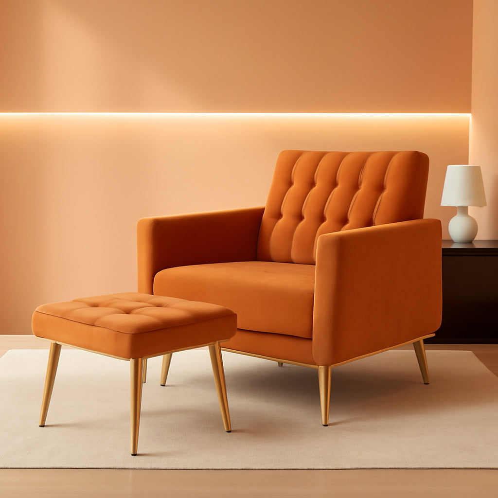 Adjustable Velvet Armchair with Ottoman, Orange