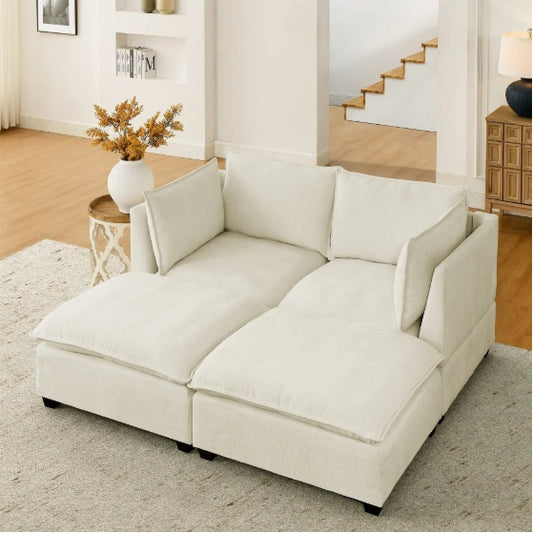 Comfy Cloud Couch Loveseat With 2 Ottoman, Modern Chenille Love Seat Upholstered Modular Couch Sleeper For Living Room, Apartment, Studio, Office Beige White