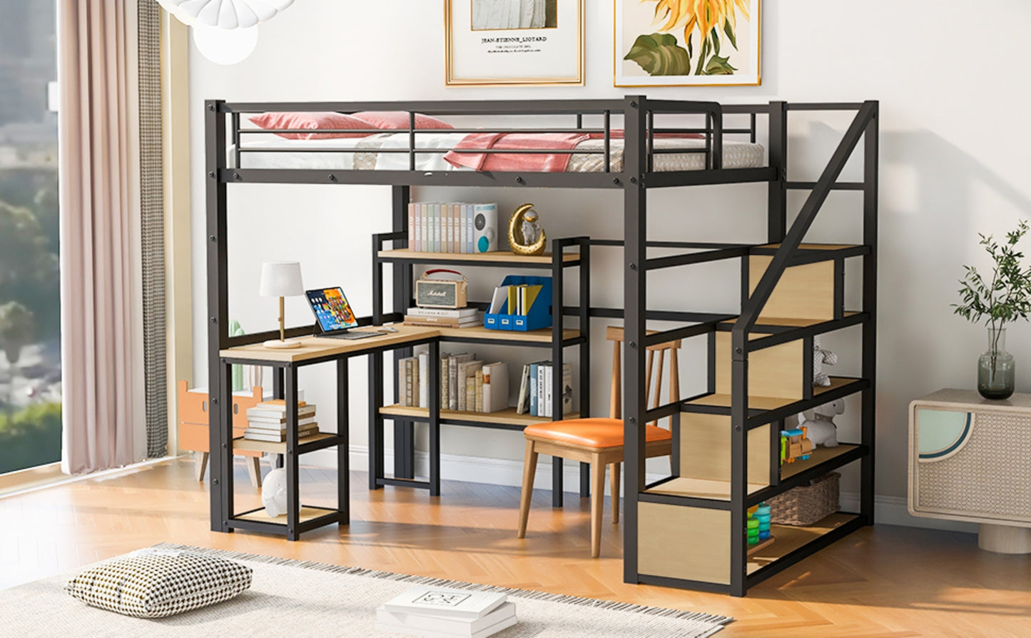 Full Size Metal Loft Bed With Staircase, Built-in Desk And Shelves, Black