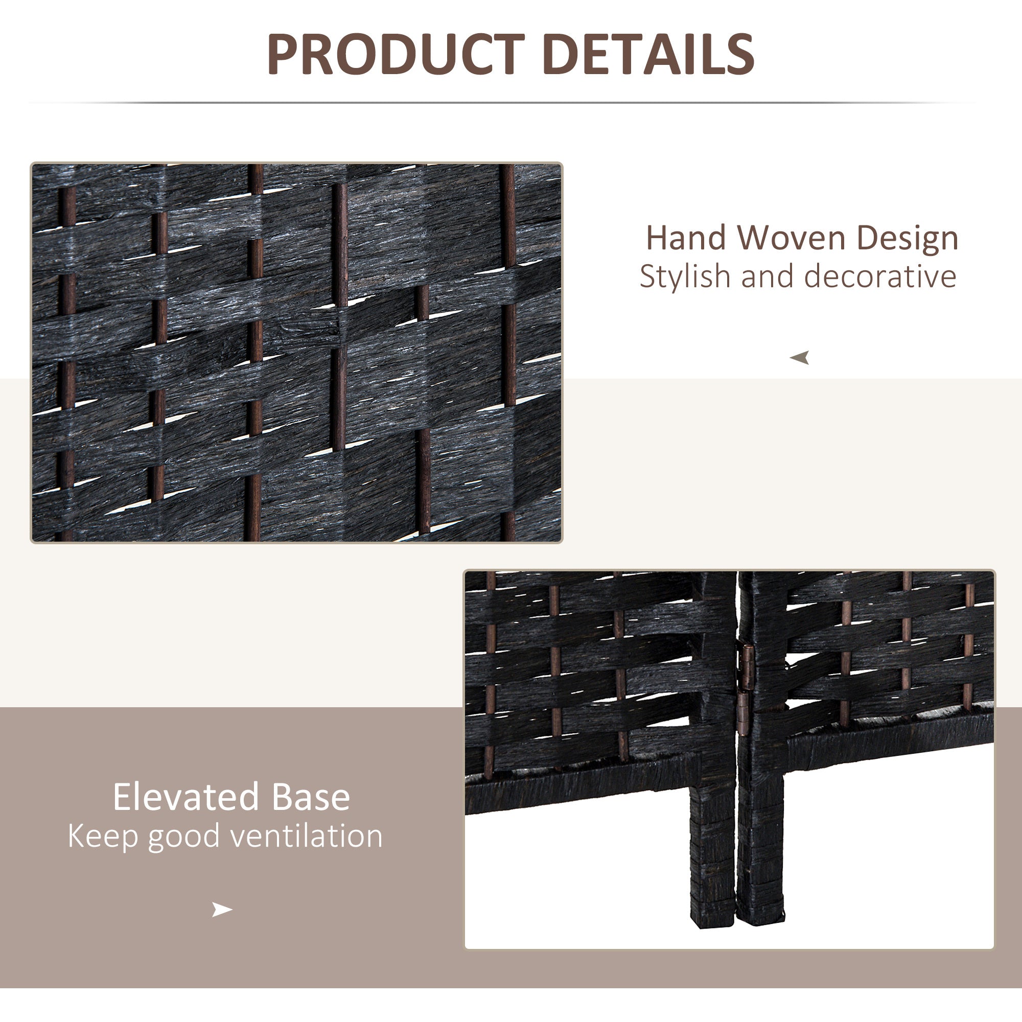 4 Panel Wicker Room Divider Folding Privacy Screen 6' Tall Black