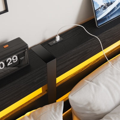 Queen Metal Platform Bed Frame with Wooden Headboard, RGB LED Lights & Charging Station