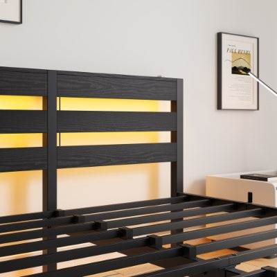 Queen Metal Platform Bed Frame with Wooden Headboard, RGB LED Lights & Charging Station