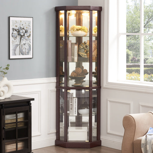 Corner Lighted Curio Cabinet Corner Glass Cabinet Lighted Curio Cabinet Corner Display Case For Living Room, Curio Cabinet, Antique Collection, Wine,Bar Glass Storage Light Included,Dark Cherry